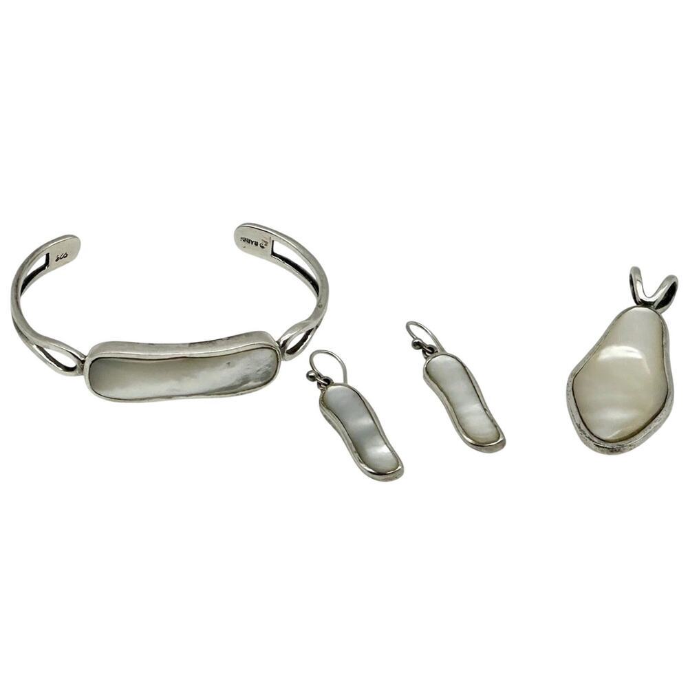 Vintage Barse Sterling Silver Mother Of Pearl Earring Cuff And Pendant Set